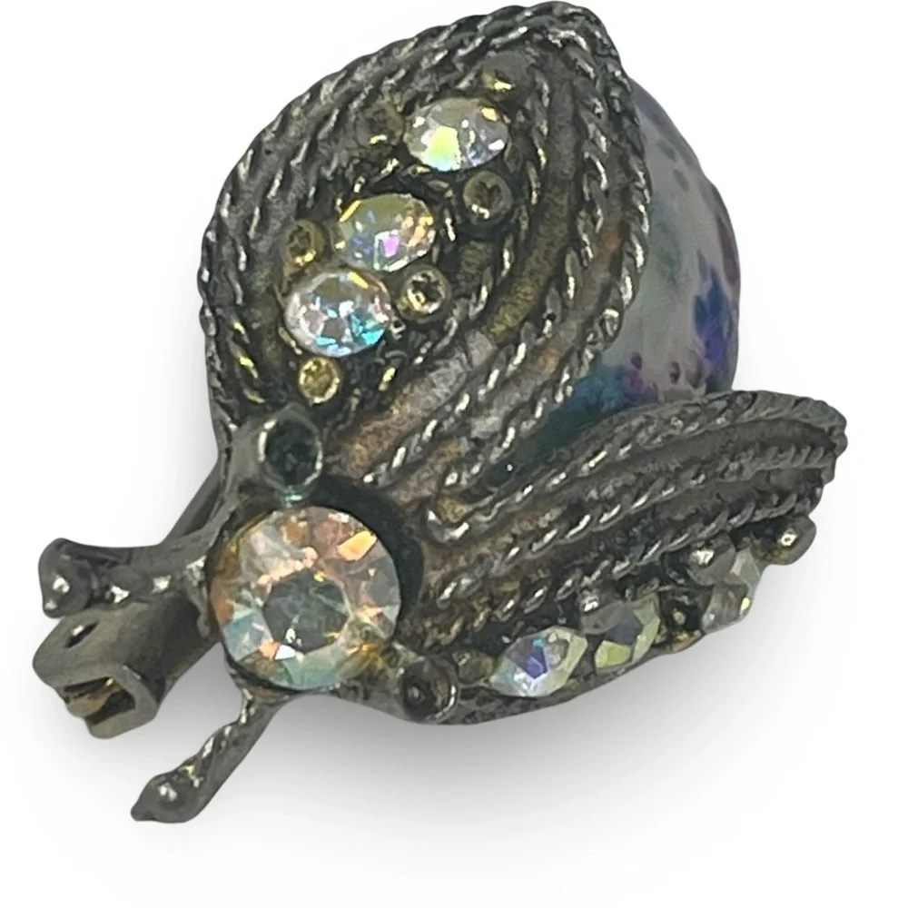 Antique Iridescent Enamel Crystal Accents Insect Brooch